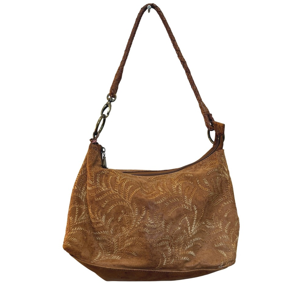 Paradox Shoulder Bag Women Medium Brown Suede Leather Embroidered Boho Braided‎